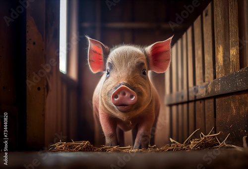 Small piglet in the farm. Pig indoor waiting feed. swine in the stall. Generative AI © Jaxson