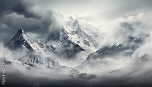 Majestic mountain peak, snow covered landscape, panoramic beauty in nature generated by AI