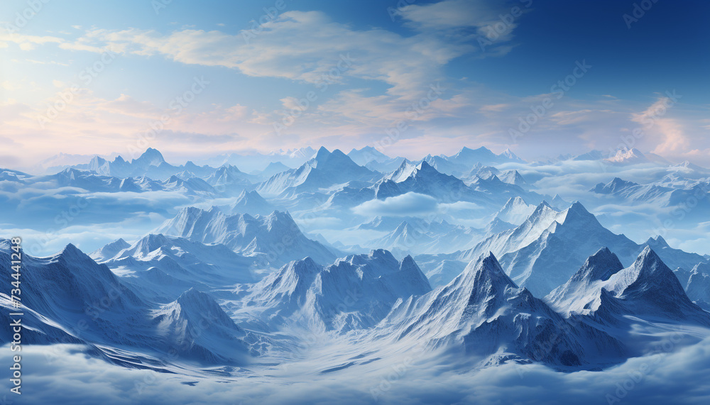Majestic mountain peak, snow covered landscape, tranquil scene generated by AI