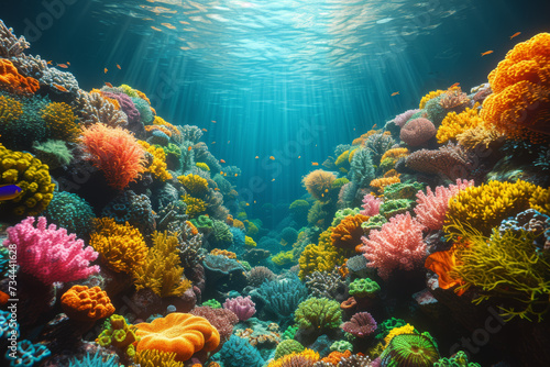 An underwater coral reef scene  teeming with diverse marine life and coral formations  illustrating the importance of marine conservation. Concept of underwater biodiversity. Generative Ai.