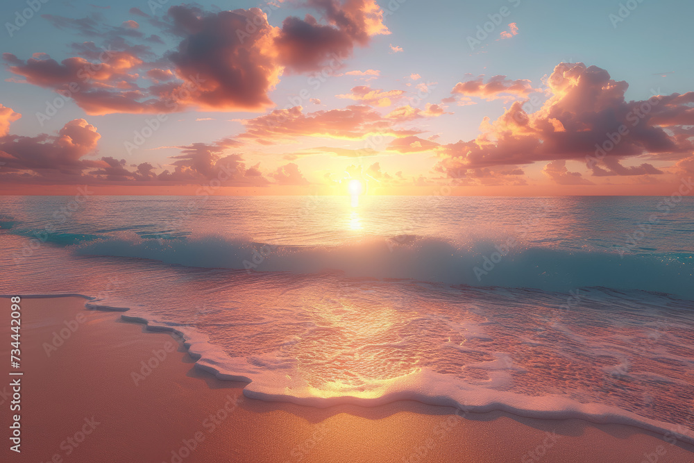 A tranquil beach scene at sunrise, with gentle waves kissing the shore, portraying the serene and rejuvenating power of coastal landscapes. Concept of dawn serenity. Generative Ai.