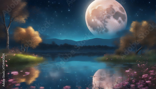 landscape with full moon and stars in the night lake