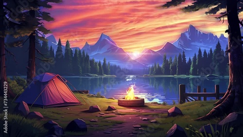 Animated illustration of a camping tent by the lake, with sunrise and mountain views. 4k loop animation with anime cartoon or digital painting style. Background animation. photo