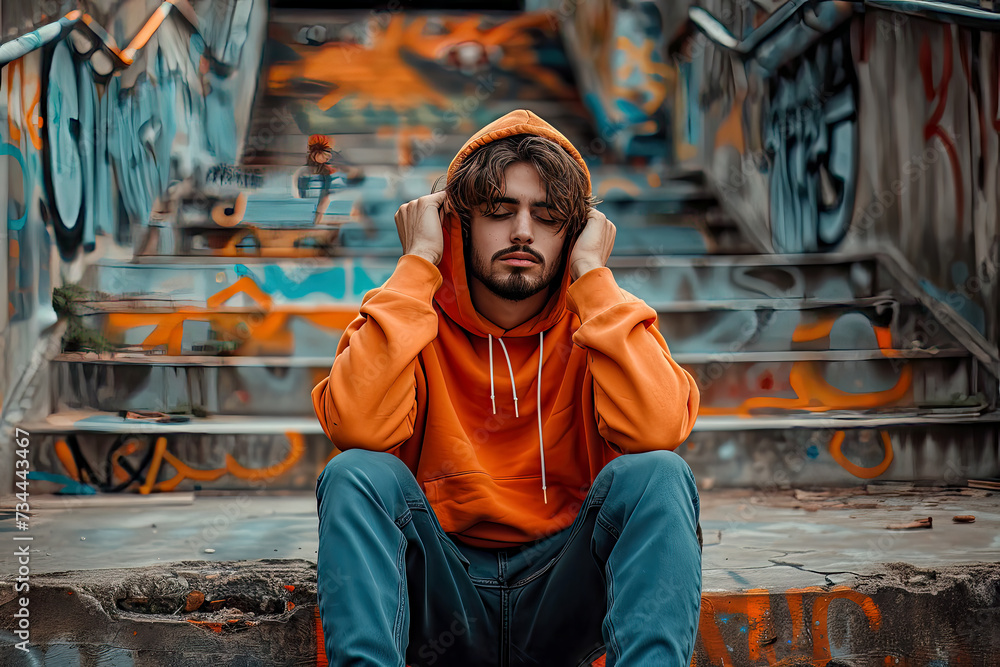 Obraz premium portrait of a man sitting on graffiti covered stairs, generative ai