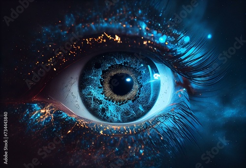 a blue eyeball in the middle of a space filled with stars and a black hole in the middle of the eye is a bright blue. generative ai
