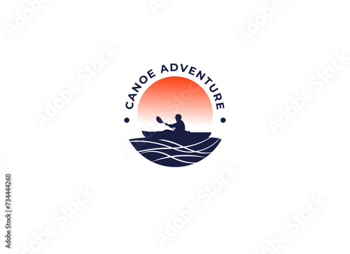 Kayak boat paddle pedal, silhouette of river stream kayaker logo design