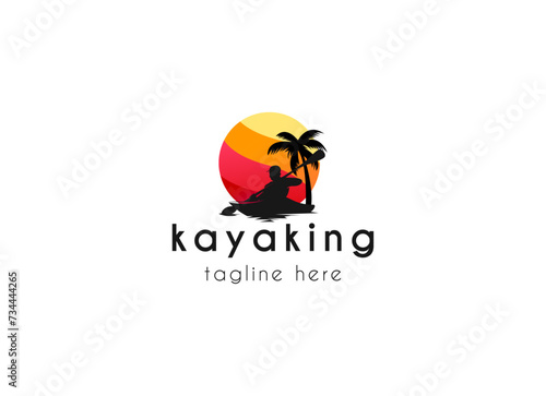 Kayak boat paddle pedal, silhouette of river stream kayaker logo design