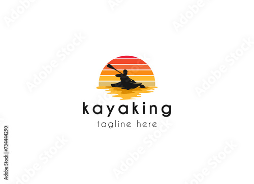 Kayak boat paddle pedal, silhouette of river stream kayaker logo design