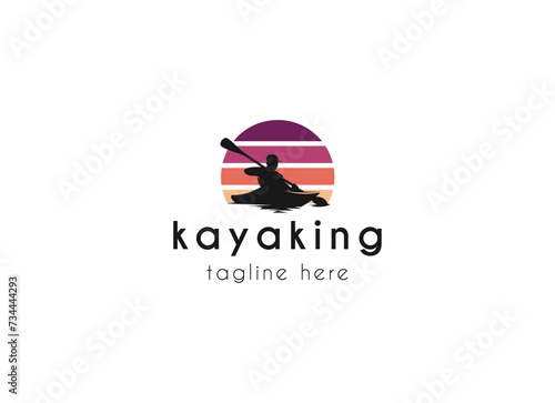 Kayak boat paddle pedal, silhouette of river stream kayaker logo design