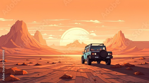Travel car on the desert in the summer 
