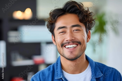 A stylish man with a warm smile, his dark hair framing his face as he stands against a blue wall, exuding confidence and charm in his button-down shirt