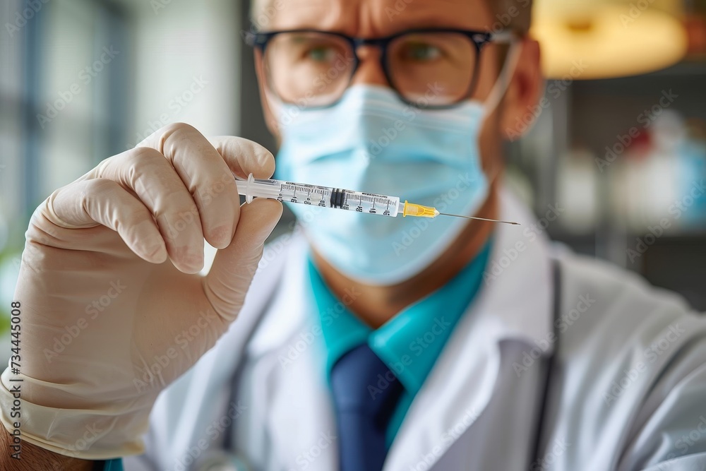 A medical professional, clad in protective clothing and donning glasses