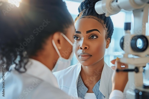 A woman s inquisitive gaze meets a mirrored reflection  framed by medical instruments and adorned with a touch of femininity