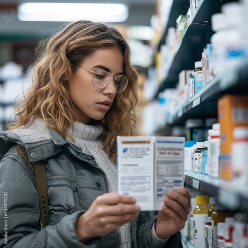 A stylish woman peruses a book in a street fashion store, her hair falling gracefully over her face as she admires the text on a jacket displayed before her, while her glasses add an air of sophistic photo