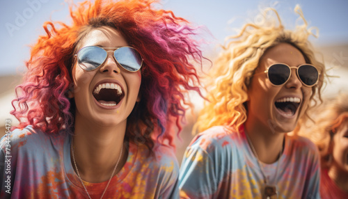 Young women in sunglasses enjoy a carefree summer music festival generated by AI