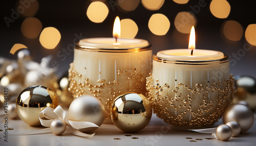 Cozy winter celebration with glowing candlelight and shiny decorations generated by AI