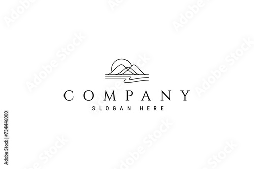 vector logo design monoline line art illustration of mountain with lake below and sunrise