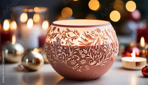 Cozy winter celebration  illuminated candlelight, glowing flame, elegant decoration generated by AI