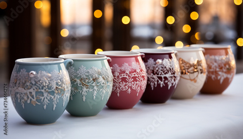 A colorful pottery collection decorates the table indoors generated by AI