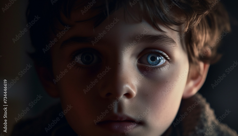 Cute boy with brown eyes smiling, looking at camera happily generated by AI Cute boy with brown eyes smiling, looking at camera happily generated by AI