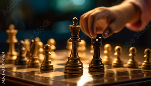 Chess board battle king success, pawn intelligence, knight leadership generated by AI