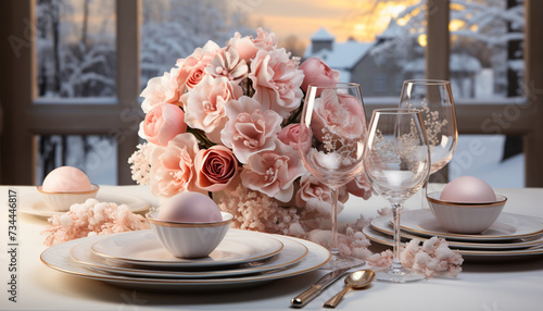 A fresh bouquet of flowers decorates the elegant table generated by AI