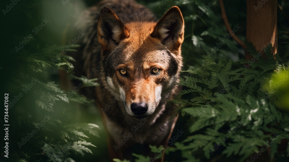 A wolf hiding in the forest looks out A wolf hiding in the forest looks out
