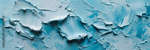 Close-up abstract painting combines light blue and white colors in an impasto style