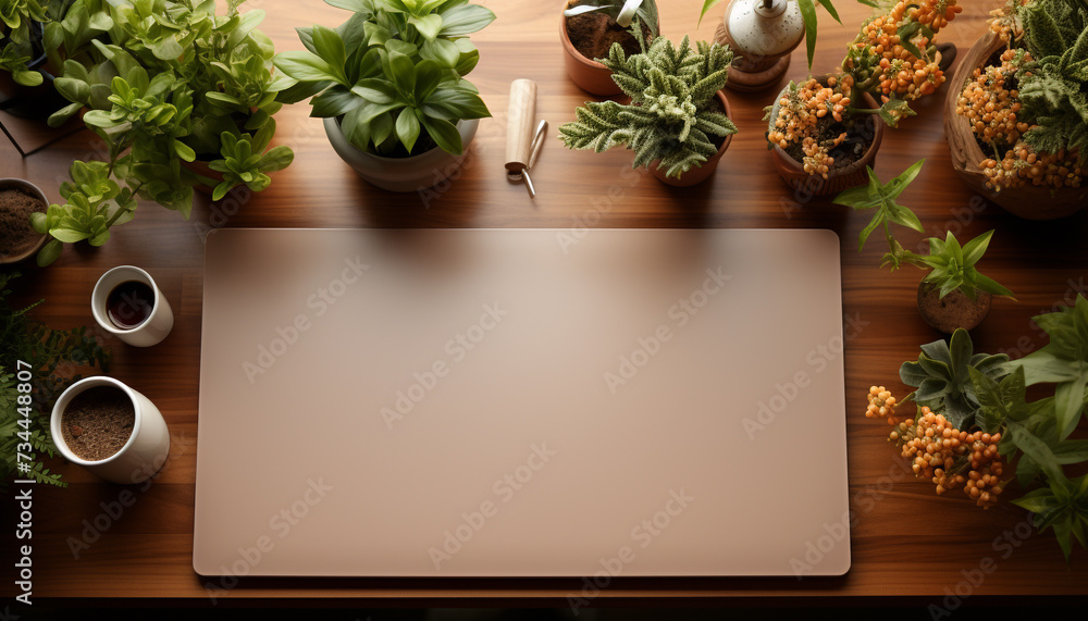 Modern office desk with plant decoration, blank paper, and computer generated by AI Modern office desk with plant decoration, blank paper, and computer generated by AI