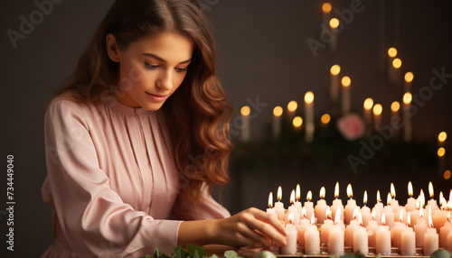 One woman sitting, holding candle, smiling, enjoying cozy winter night generated by AI
