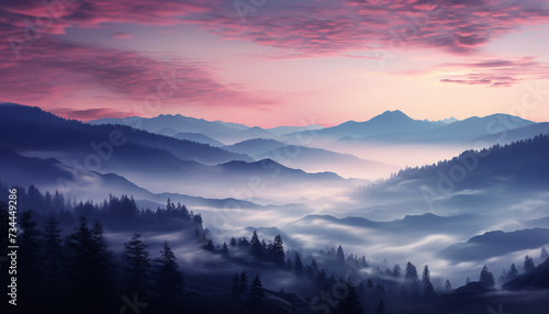 Majestic mountain range silhouettes against tranquil sunset sky generated by AI