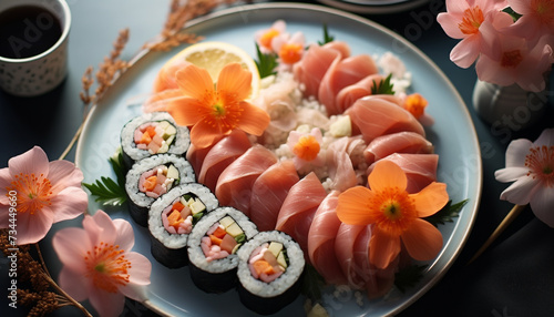 Freshness and culture on a plate Japanese sushi meal generated by AI
