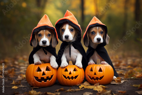 3 cute beagle puppy dogs dressed in halloween costumes with pumpkins in autumn fall forest
