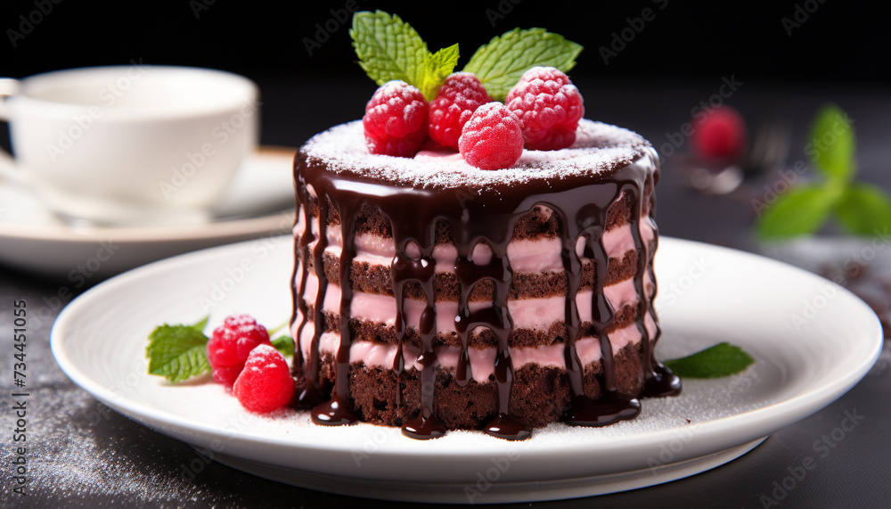 Homemade chocolate cake with raspberry and mint leaf decoration generated by AI Homemade chocolate cake with raspberry and mint leaf decoration generated by AI