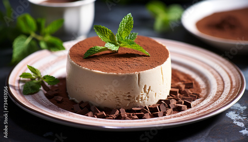 Homemade tiramisu layered chocolate, cream, and fresh mint leaf generated by AI