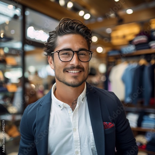 A stylish man with a friendly smile and impeccable vision care browses through the indoor store, his glasses and tailored suit exuding confidence and sophistication under the bright ceiling lights