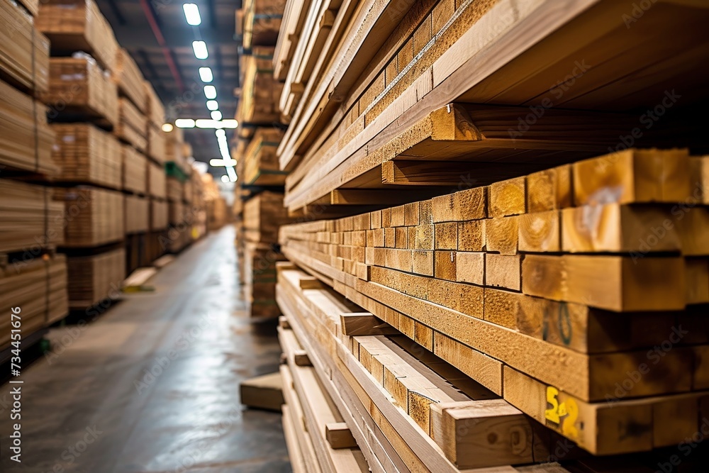 A towering stockpile of timber fills the narrow indoor aisle, neatly stacked on shelves reaching towards the high warehouse ceiling A towering stockpile of timber fills the narrow indoor aisle, neatly stacked on shelves reaching towards the high warehouse ceiling
