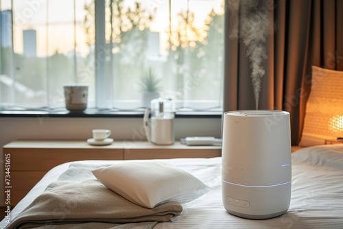 A cozy morning in a luxurious hotel room, surrounded by elegant linens and furniture, with a white device releasing steam adding to the peaceful atmosphere