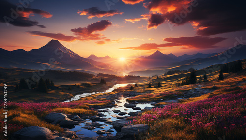 Majestic mountain peak reflects sunset, nature beauty in meadow generated by AI