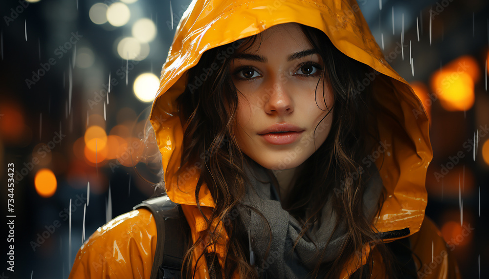 Fototapeta premium Young woman in raincoat, looking at camera, smiling in the rain generated by AI