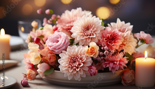 A romantic table decor candlelight, flower arrangement, elegance, and love generated by AI
