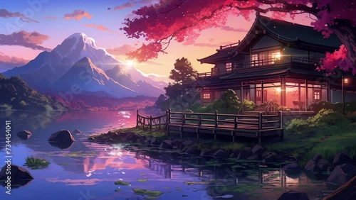 Animated illustration of an Asian style house building with a flowing river. 4k loop animation with anime cartoon or digital painting style. Background animation. photo