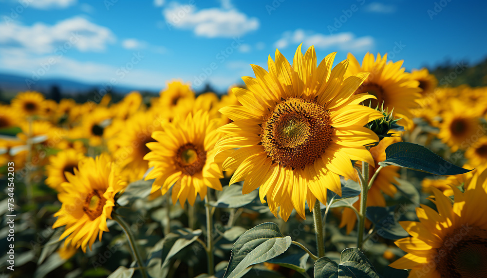 Sunflower, nature yellow beauty in meadow, blossoms under sunlight generated by AI