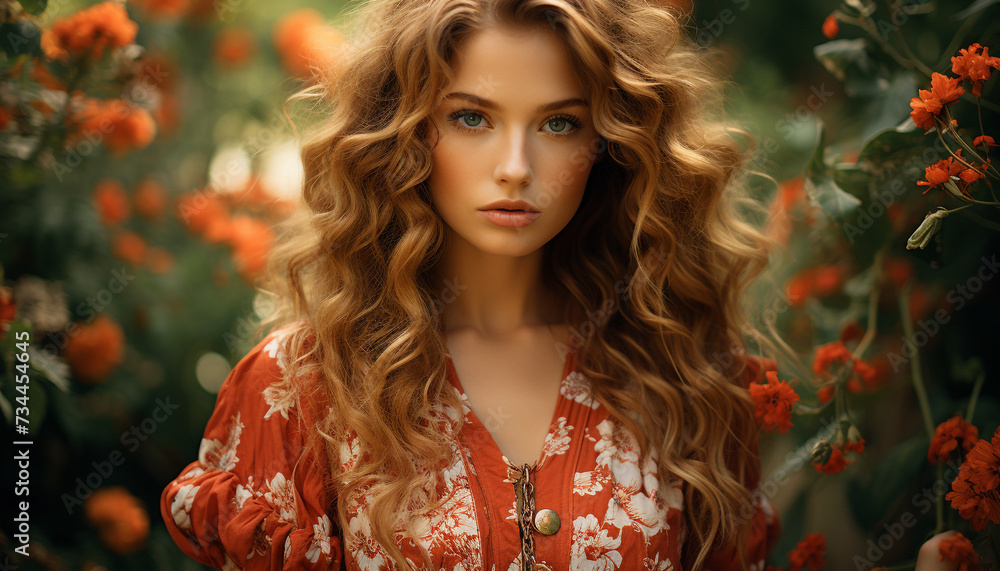 One beautiful woman, smiling, looking at camera, surrounded by nature generated by AI One beautiful woman, smiling, looking at camera, surrounded by nature generated by AI