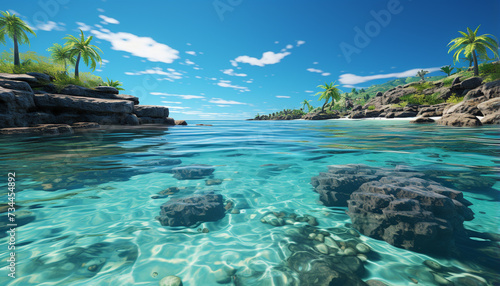 Idyllic tropical coastline  turquoise water  palm trees  and sunset generated by AI