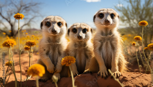Cute meerkat family sitting outdoors, watching nature small group generated by AI © Gstudio