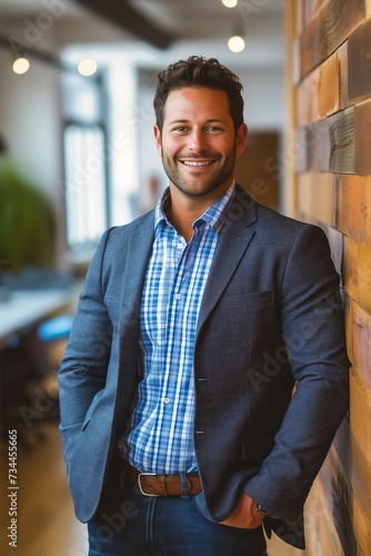 man blue jacket shirt standing front wall marketing open professional online branding robust stocky body floating buildings thin beard defense attorney smiling pose brock photo