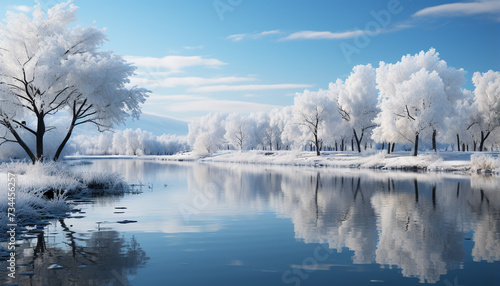 Winter landscape snow covered tree reflects in frozen tranquil pond generated by AI