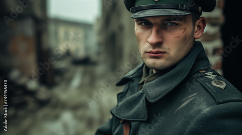 portrait of German soldier on world war 2 battlefield - historical combat photography photo