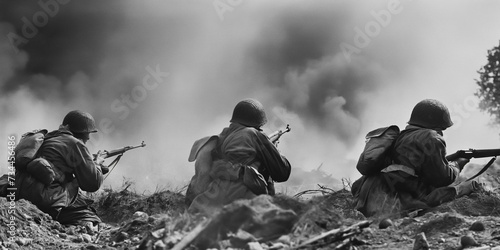 squad of German soldiers on world war 2 battlefield - historical combat photography photo